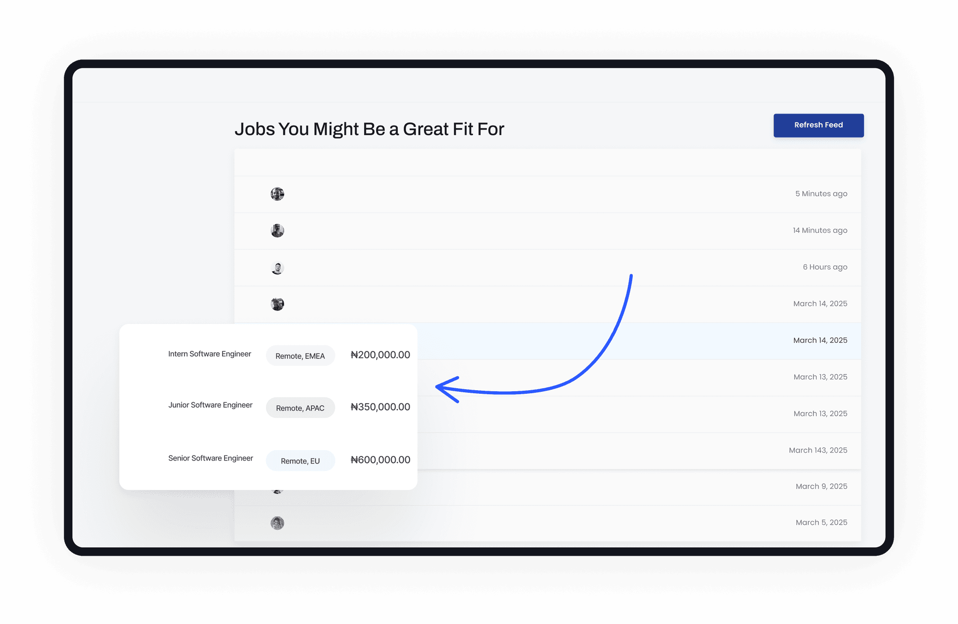 Platform screenshot showing job matches